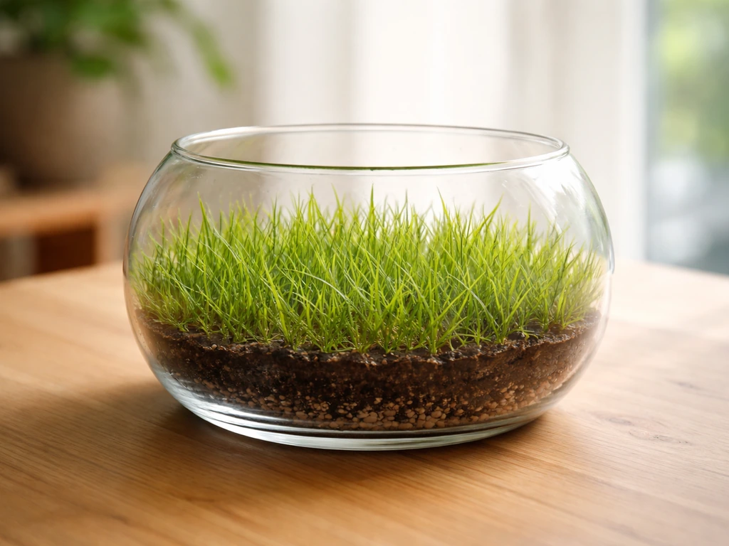 Lush fine grass growing inside a clear glass terrarium on a simple tabletop