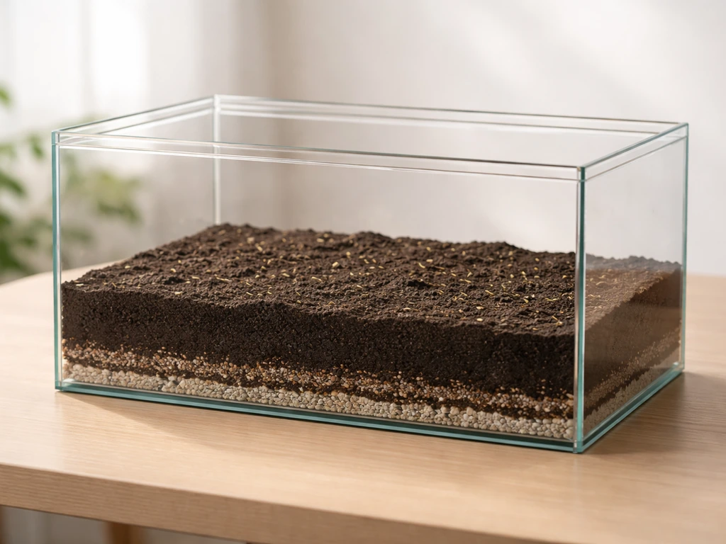 Wide terrarium setup for grass with drainage base and leveled soil surface ready for seeding