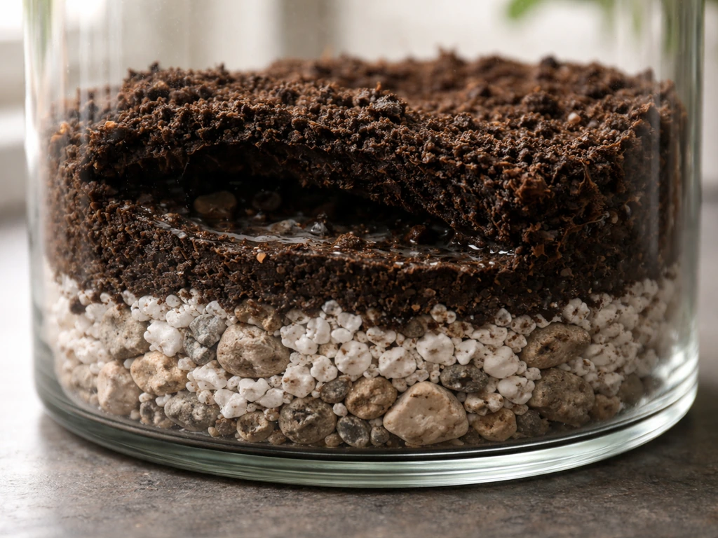 Close-up terrarium cross-section showing coarse perlite/gravel drainage layer beneath soil