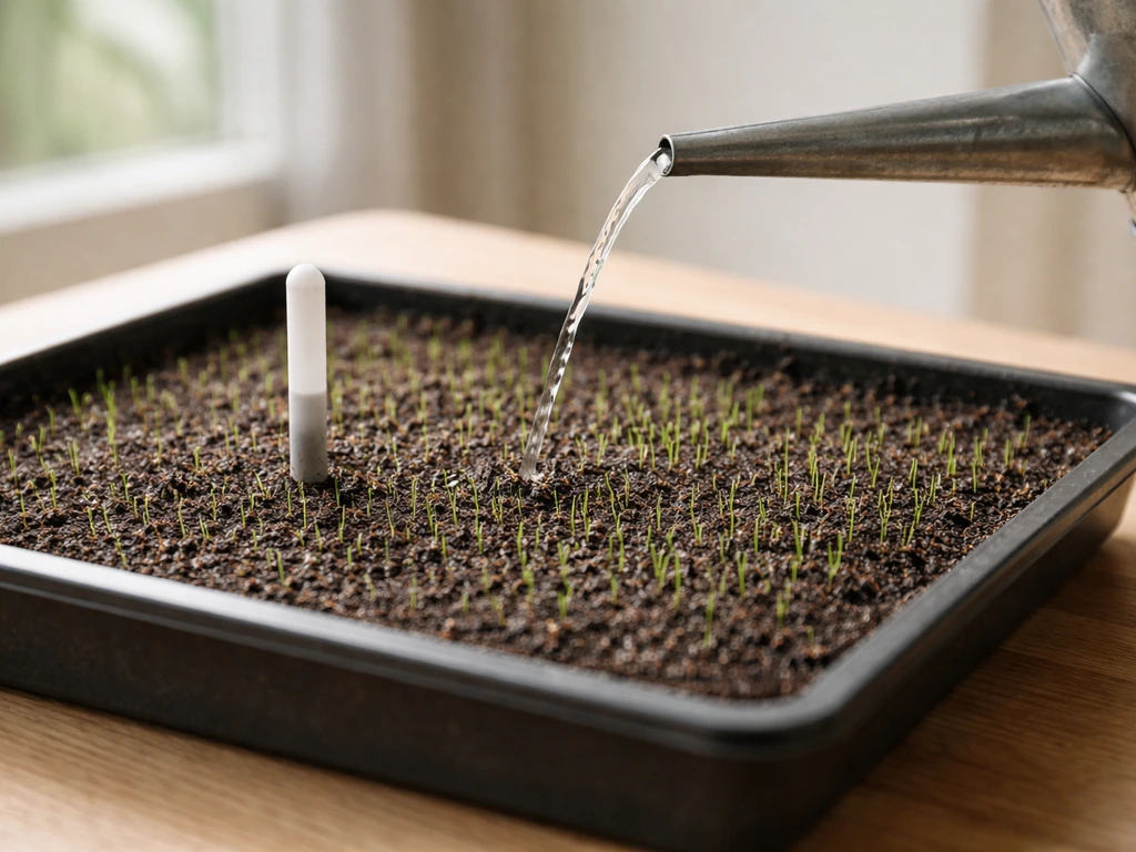Moist terrarium soil with grass seedlings and a moisture stick, watering without any standing water.