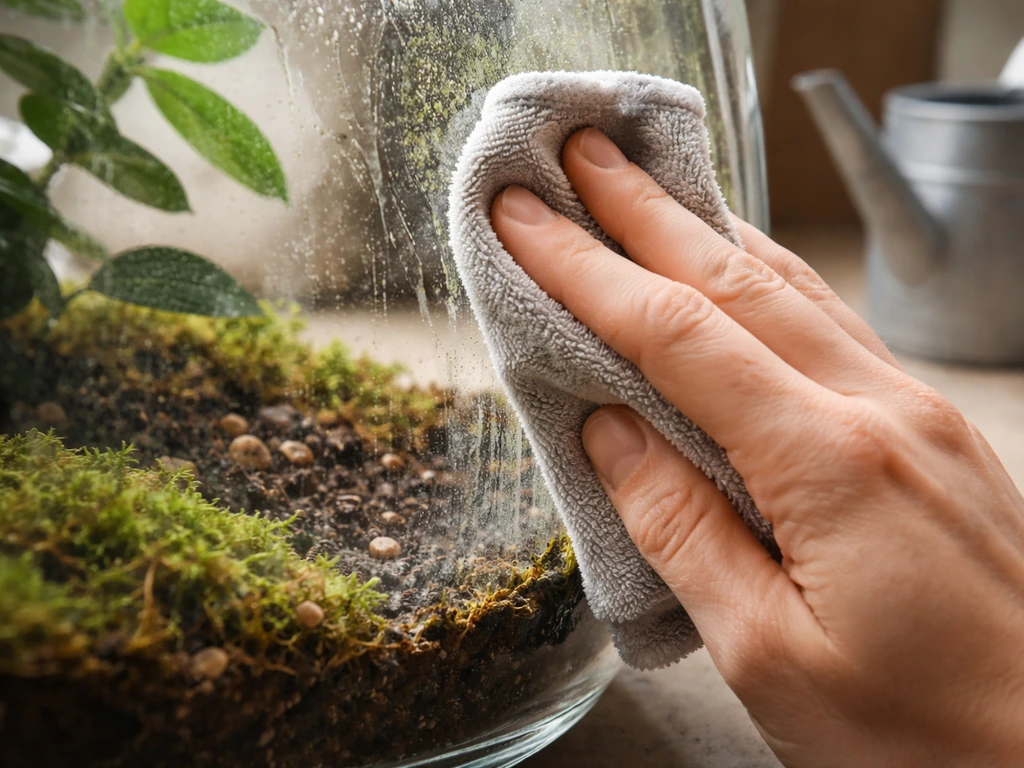 Hand wipes green algae off a terrarium glass while moss grows near the soil.