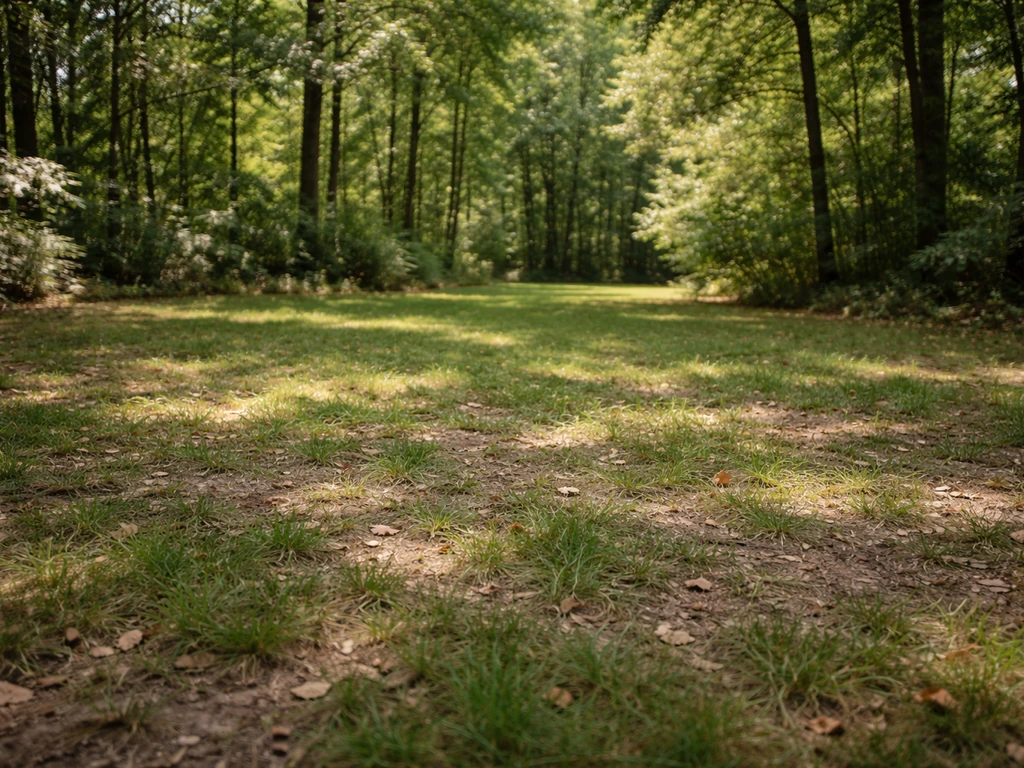 Patchy shade grass under a tree canopy with dappled sunlight in a quiet wooded yard.