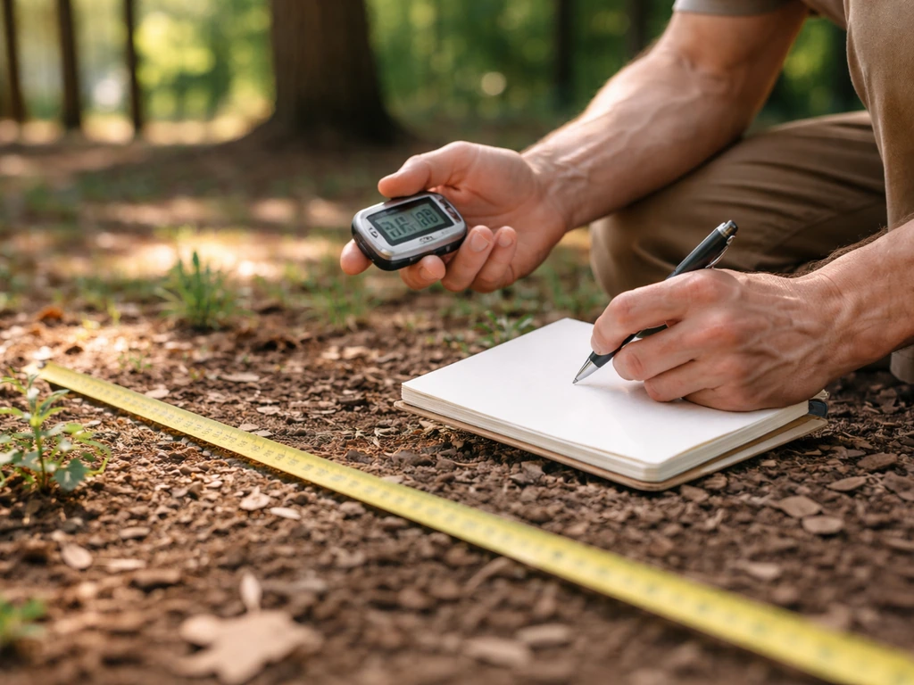 Homeowner measuring sunlight timing in a shaded wooded yard with a small timer and measuring tape.