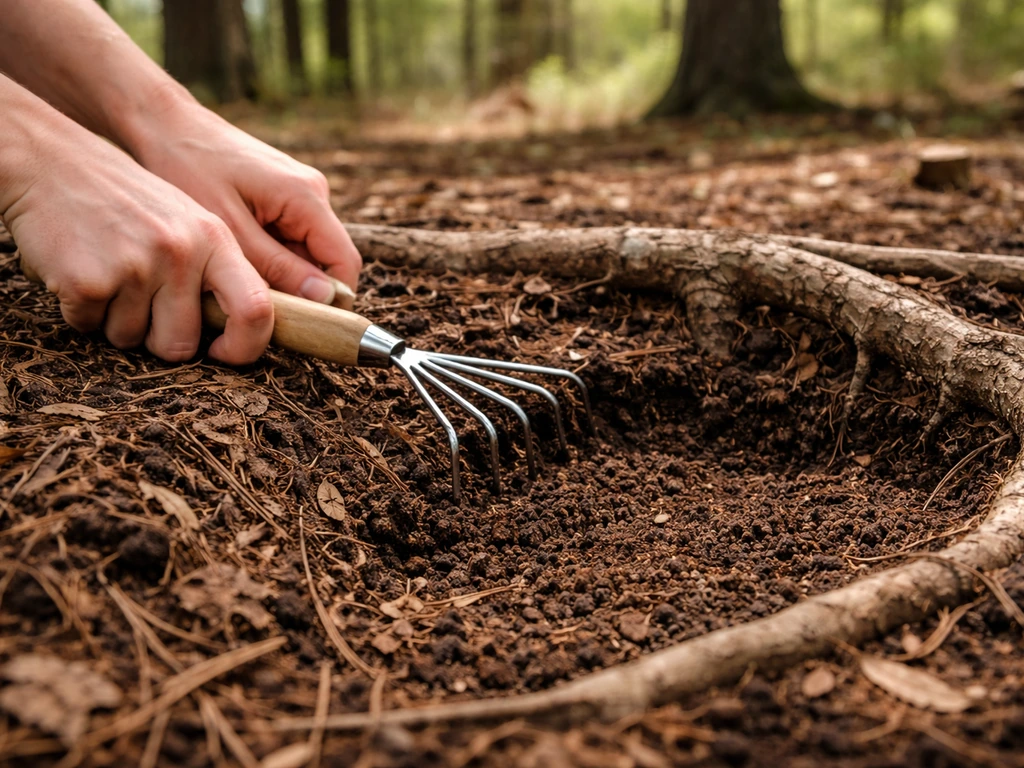 Raked leaf litter cleared between tree roots, exposing dark soil in a wooded forest floor.