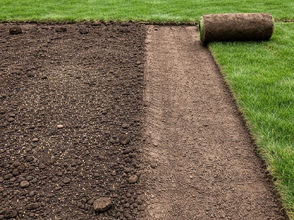 Side-by-side garden strip showing broadcast grass seed on soil and a nearby prepared sod section ready to lay.
