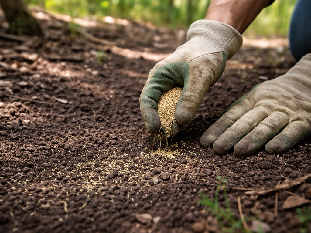 Gloved hand spreading fine grass seed and lightly pressing it into soil under trees