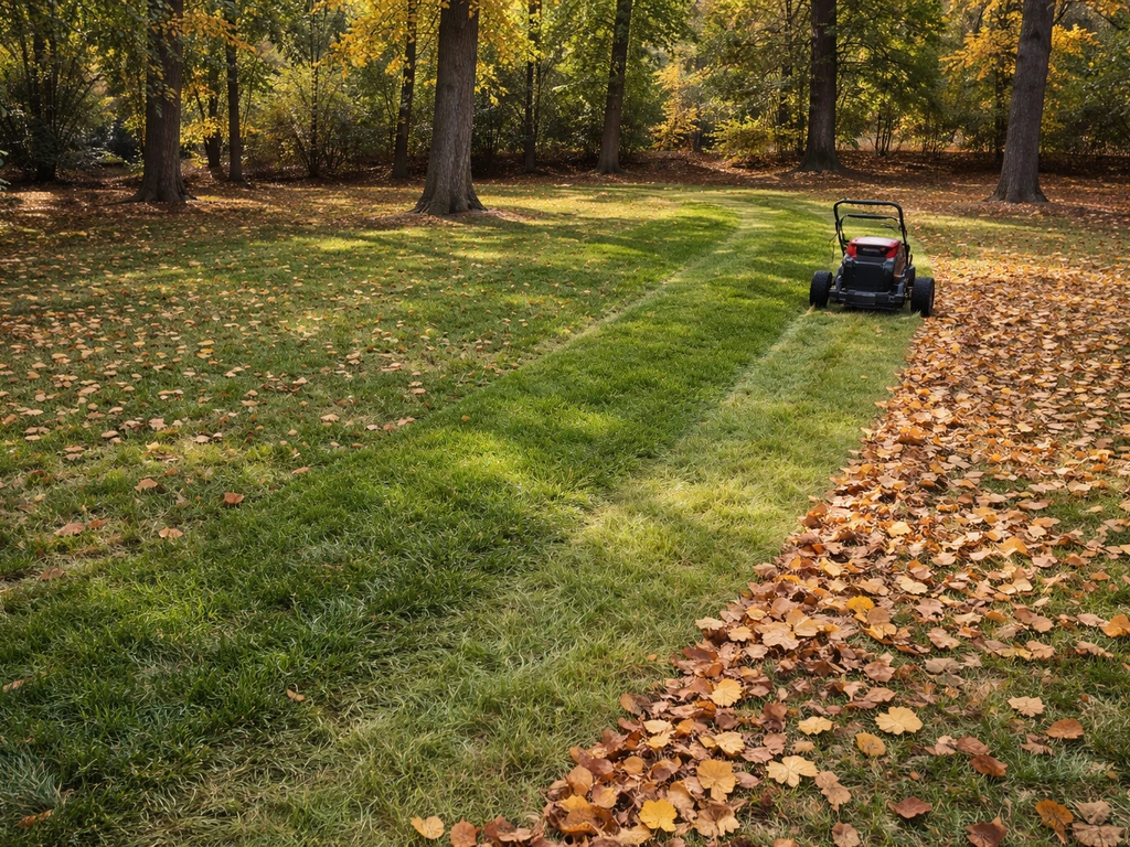 Mower cutting tall shade grass under trees while autumn leaves are raked away from the lawn.