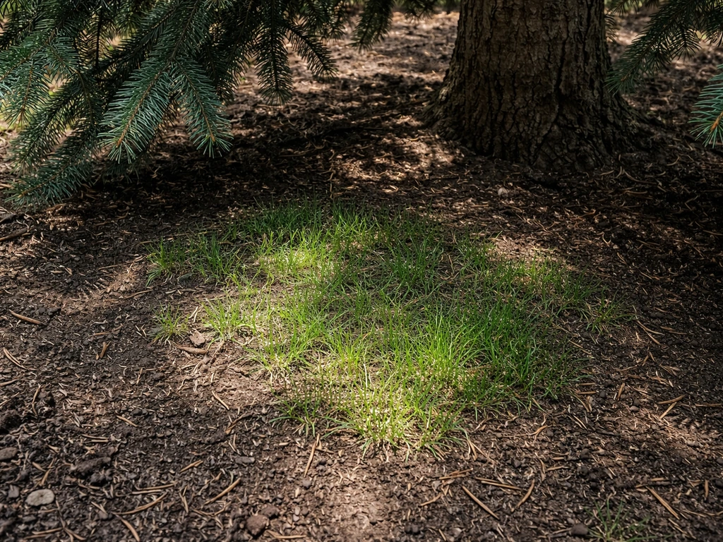 Spruce tree in dappled shade with newly sprouted fine fescue under needles on dark soil.