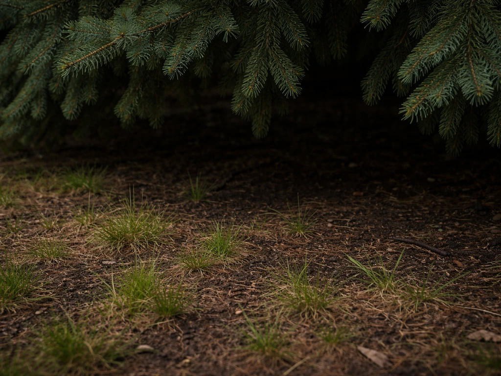 Low spruce branches cast dense shade over a struggling patch of turf and needles on soil.