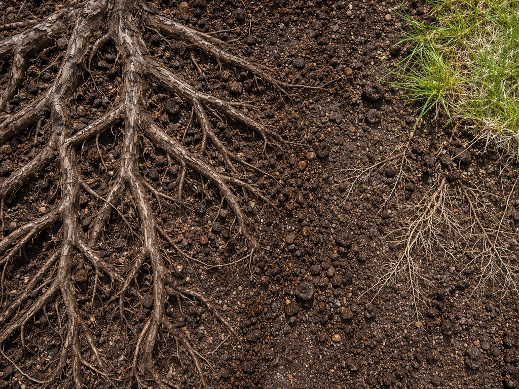 Top-down view of shallow spruce roots densely weaving through topsoil beside a smaller turf root patch.