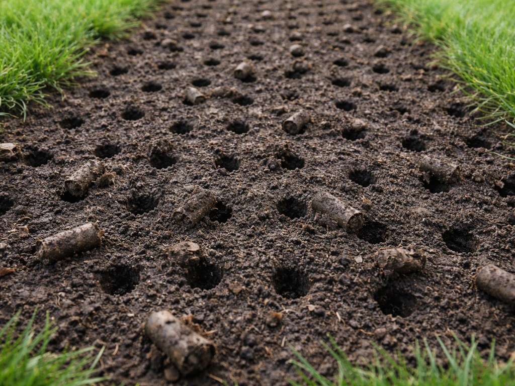 Close-up of core-aerated lawn soil with removed plugs leaving clean holes and improved pore space.