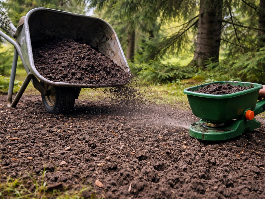 Compost topdressing spread over freshly aerated soil under spruce trees with wheelbarrow and spreader