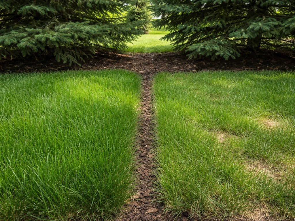 Two adjacent fine fescue lawn areas under spruce—higher cut looks healthier than a too-low cut.