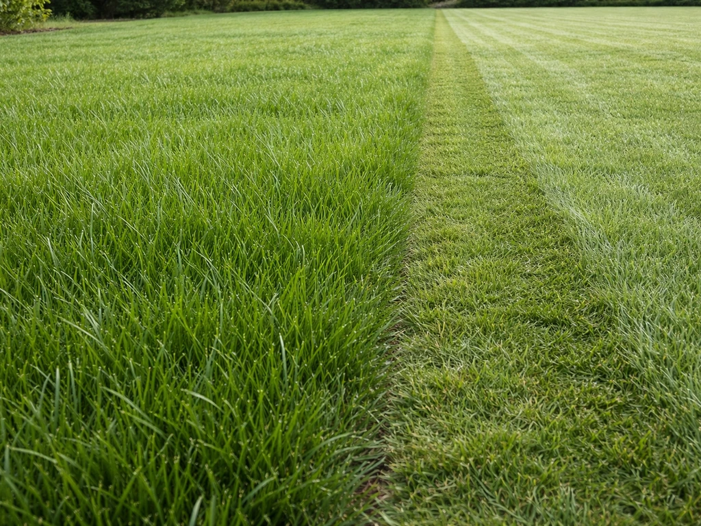 Spring lawn with taller grass beside a shorter-mown strip, showing the height difference naturally.
