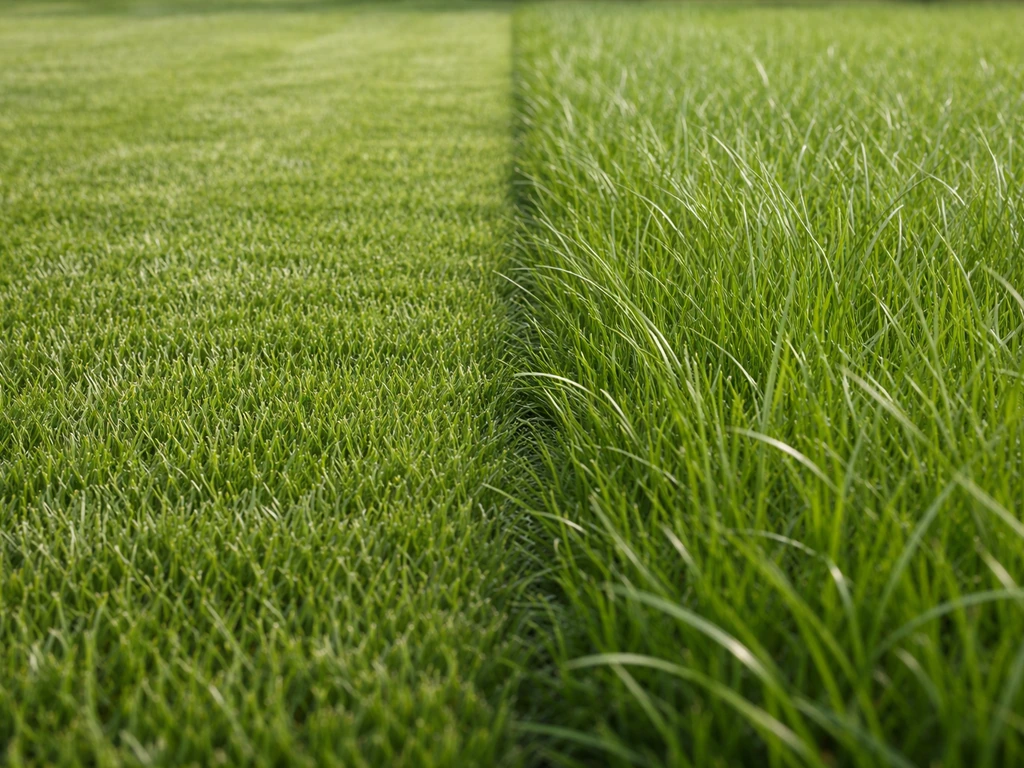 Two close-up sections of lawn showing shorter and longer mowing heights side by side.
