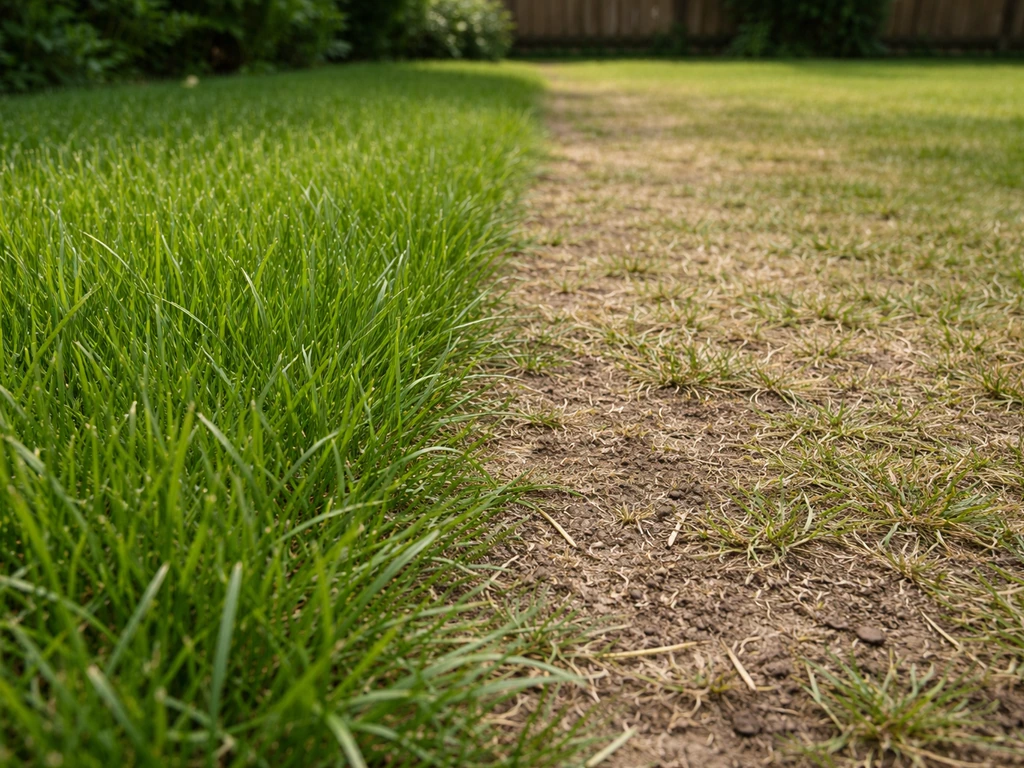 Overgrown lawn before and after an aggressive cut, showing intact green grass beside a stripped scalped area