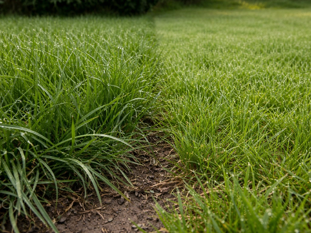 Dewy overgrown grass beside a shorter managed lawn, showing blocked light and longer wetness near the crowns.