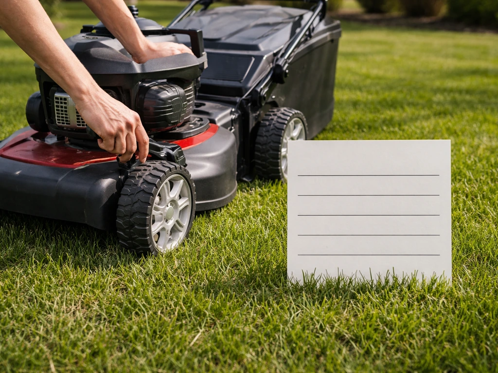 Lawn mower being adjusted for first-spring mowing with a simple grass height chart beside it.