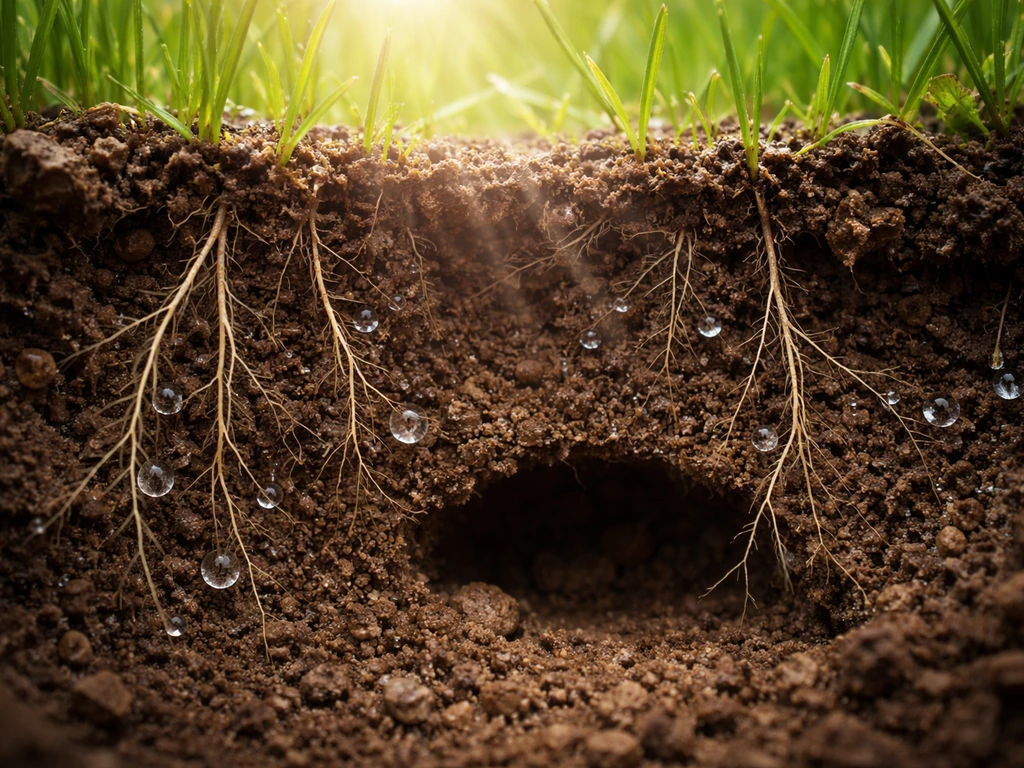 Grass trying to sprout underground with light rays fading through soil layers toward roots.