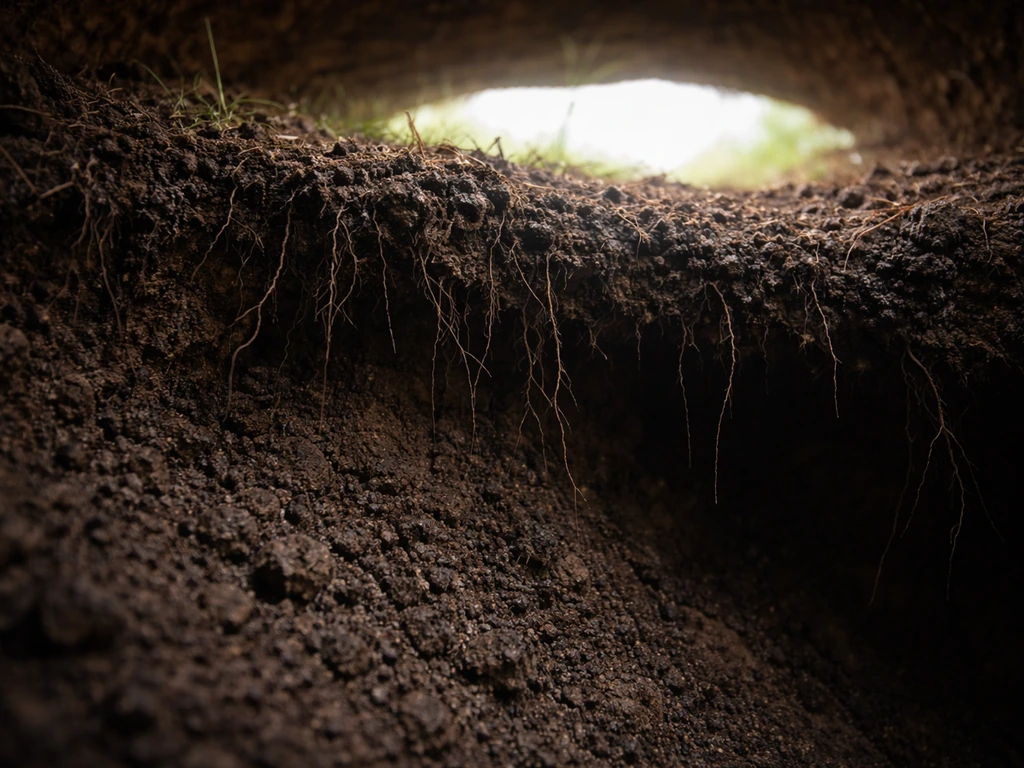 Dark underground soil with roots in shadow, contrasted by a bright daylight opening above.