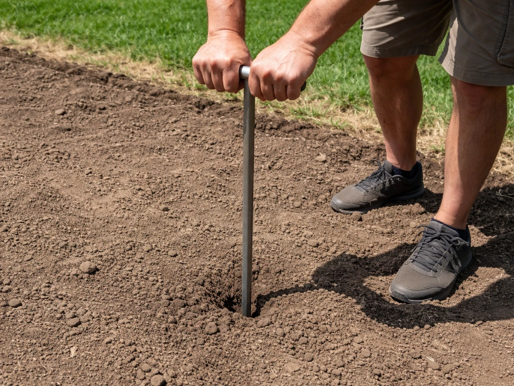 Hands pressing a screwdriver/rod into bare soil to test depth and compaction in a yard.