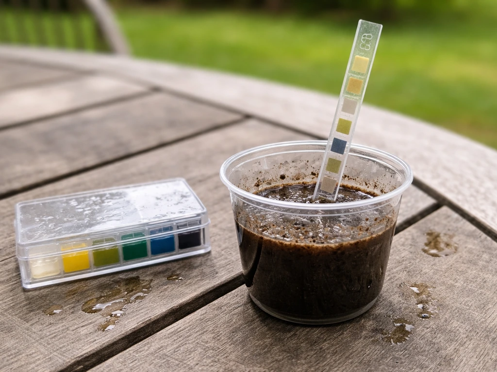 Close-up of a soil pH test strip dipped in soil slurry beside a basic soil test kit outdoors.