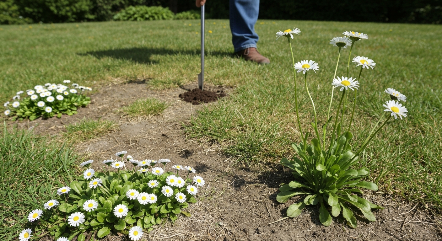 Daisies (low lawn daisies and taller oxeye daisies) growing in patchy grass with visible soil and a hand holding a soil probe.