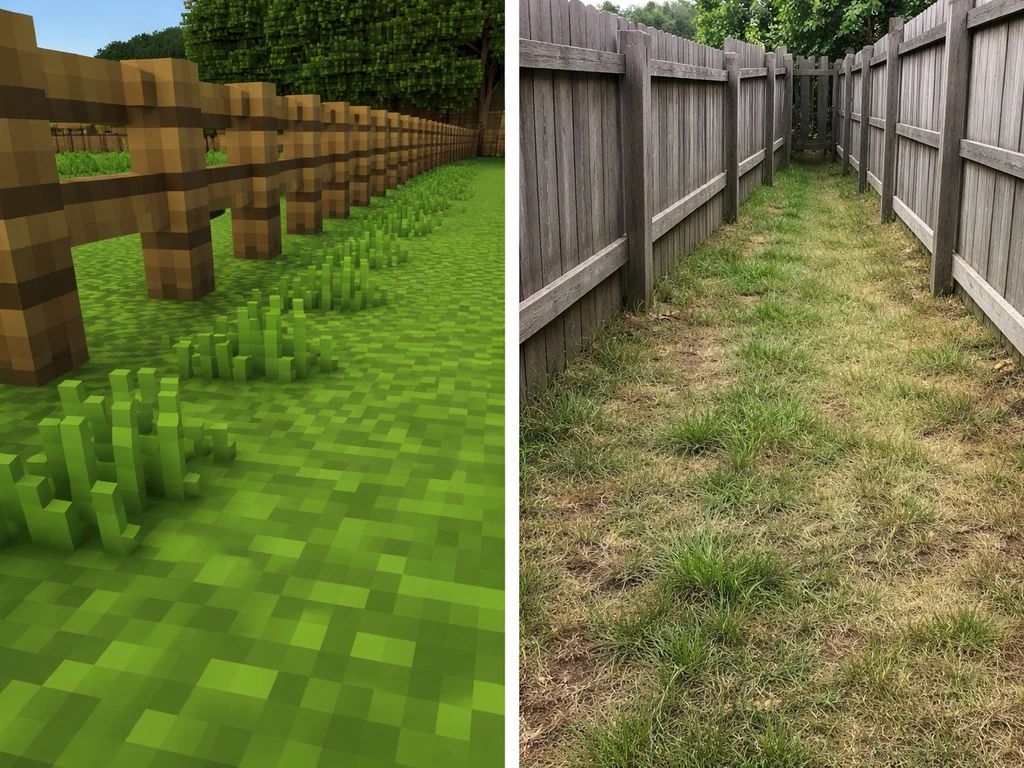 Split image: Minecraft fence with grass near it on the left and patchy fence-edge lawn on the right.