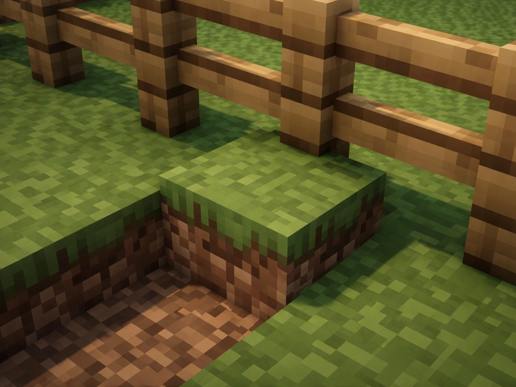 Grass block next to a wooden fence line, with dirt blocks at the boundary where grass could spread.