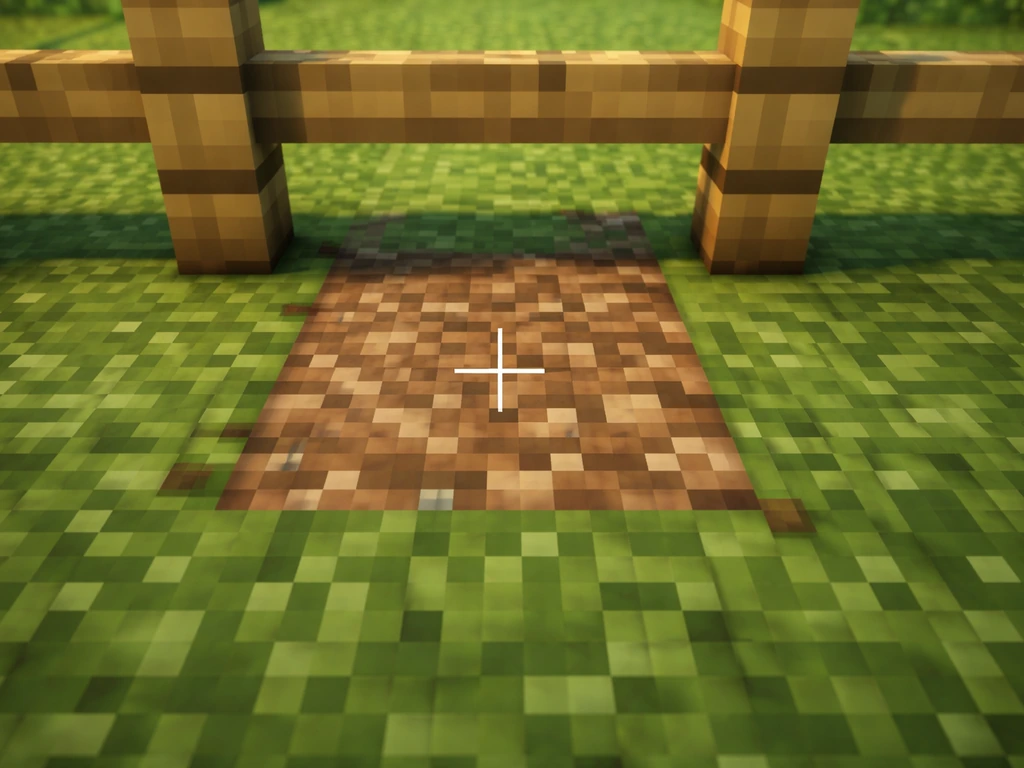 Close-up of a Minecraft fence line showing the targeted ground block texture under the crosshair cursor.