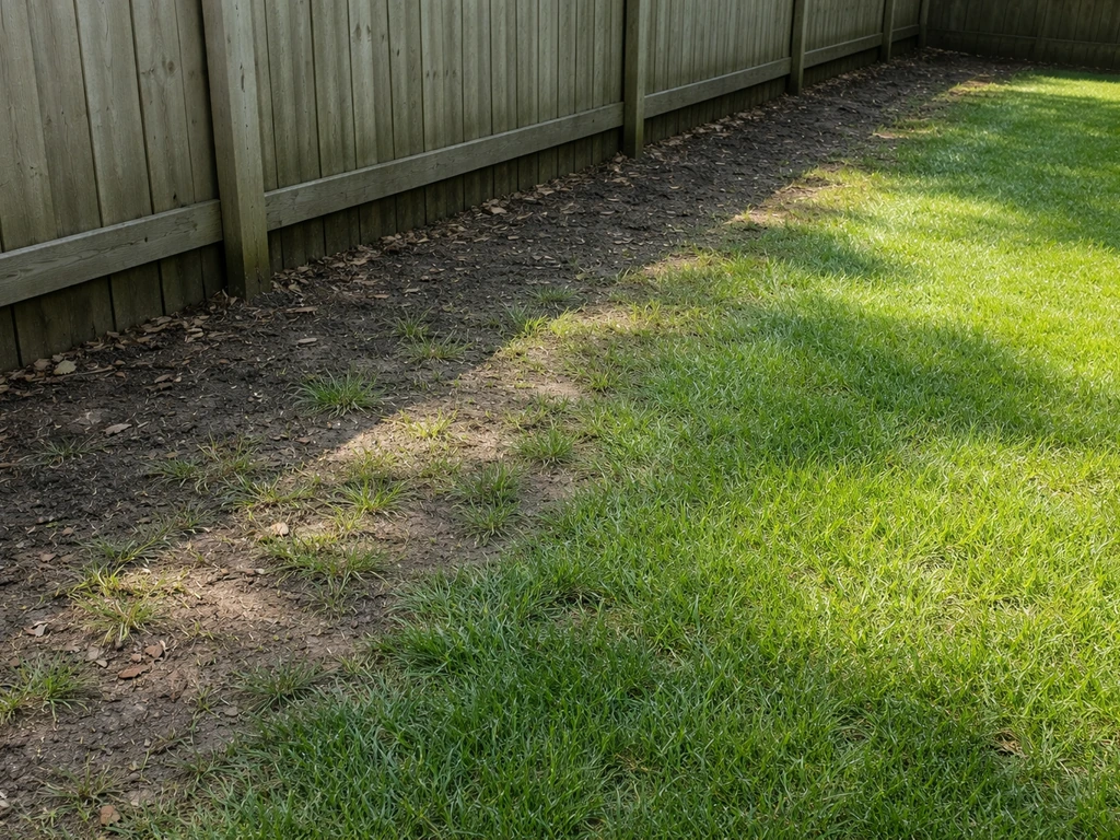 Side yard fence line with sparse grass in deep shade and brighter lawn beyond, showing drainage and compaction stress.