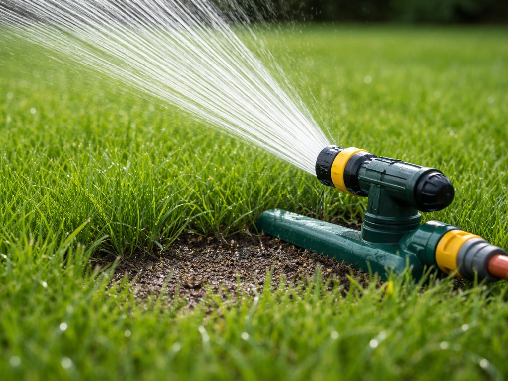 Close-up of a garden sprinkler soaking grass, showing damp soil where roots are being watered.