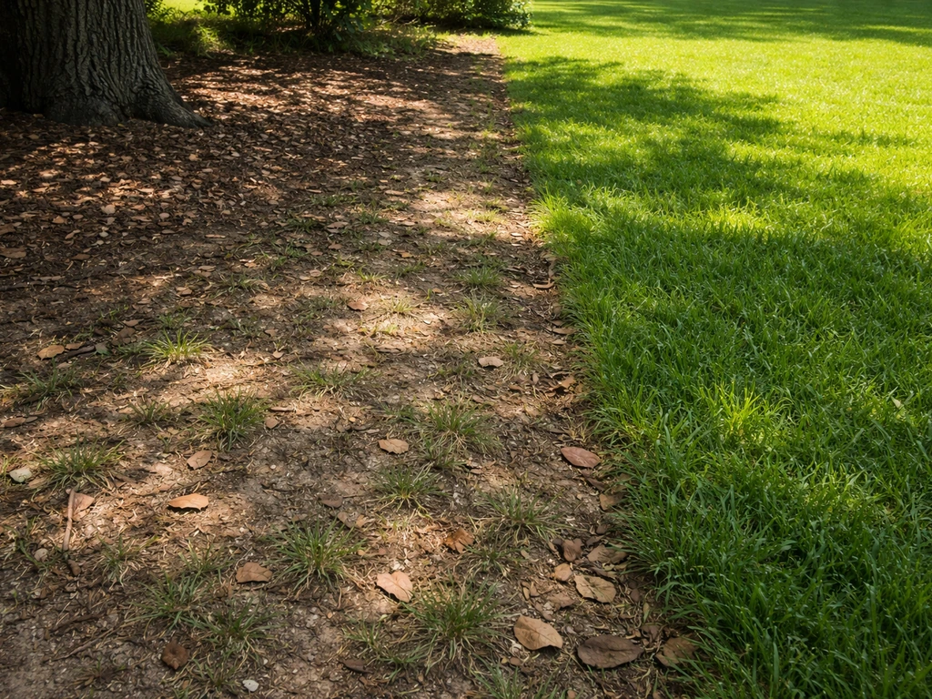 Patchy lawn under trees with dappled shade beside a brighter sunlit strip of grass.