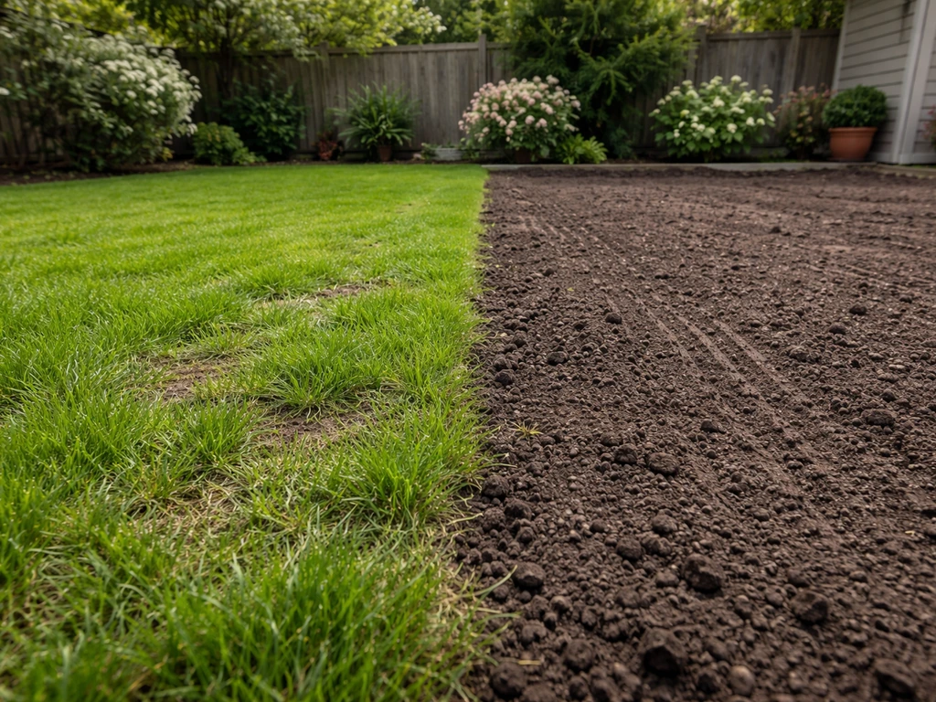 Split backyard lawn: left overseeded seedlings in existing turf, right bare tilled soil ready for resod/seed.