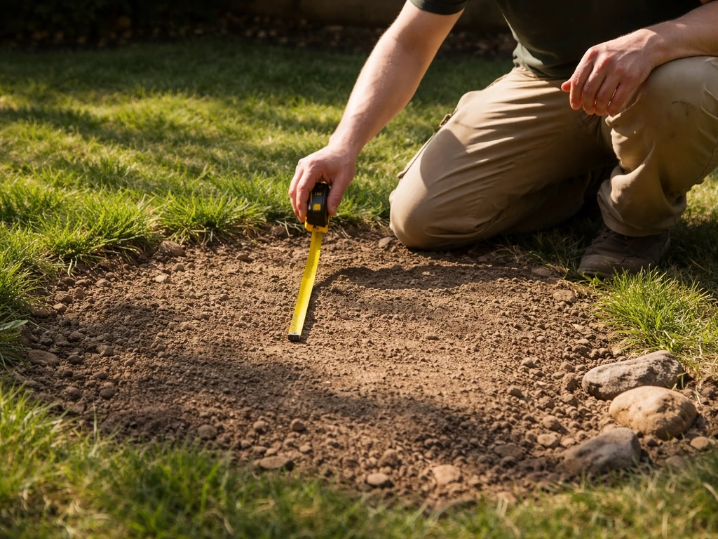 Person kneeling in a bare yard patch at mid-morning, observing sunlight on the ground
