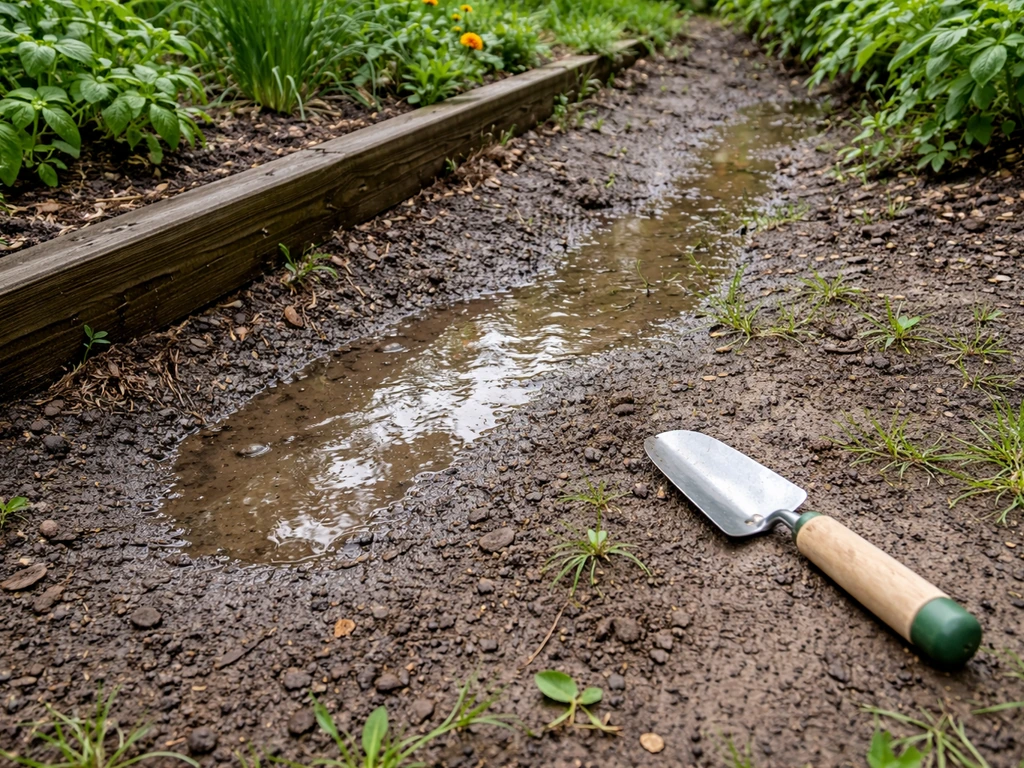 Standing water pooled on sloped backyard soil after watering, showing a drainage problem direction.