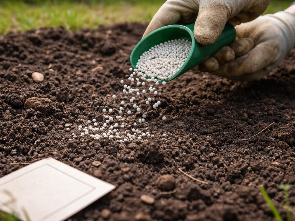 Pelletized lime being spread onto bare soil with a blank, unbranded soil test card in the background.