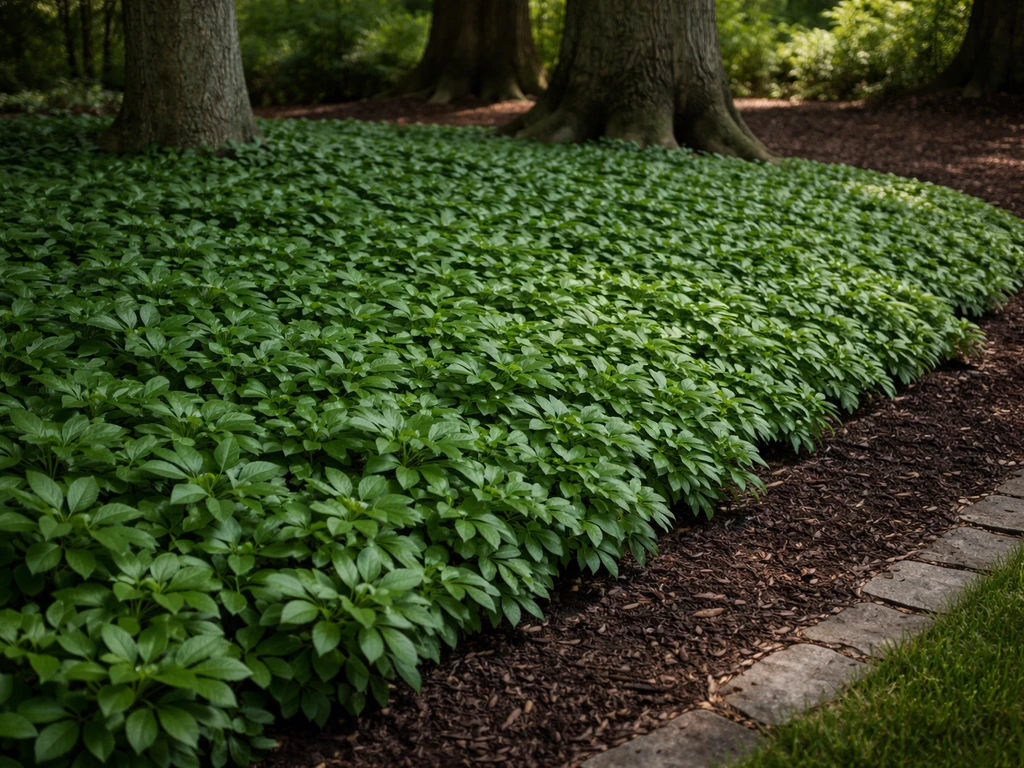 Dense evergreen pachysandra groundcover replacing grass in a dark, tree-shaded lawn area.